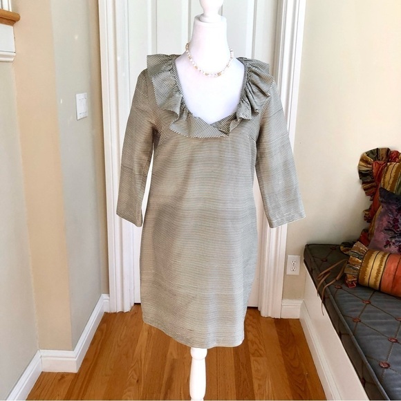 Devon Baer Dress Silk with Ruffle V-Neck in Olive Green and White Stripe (S) - Picture 1 of 8